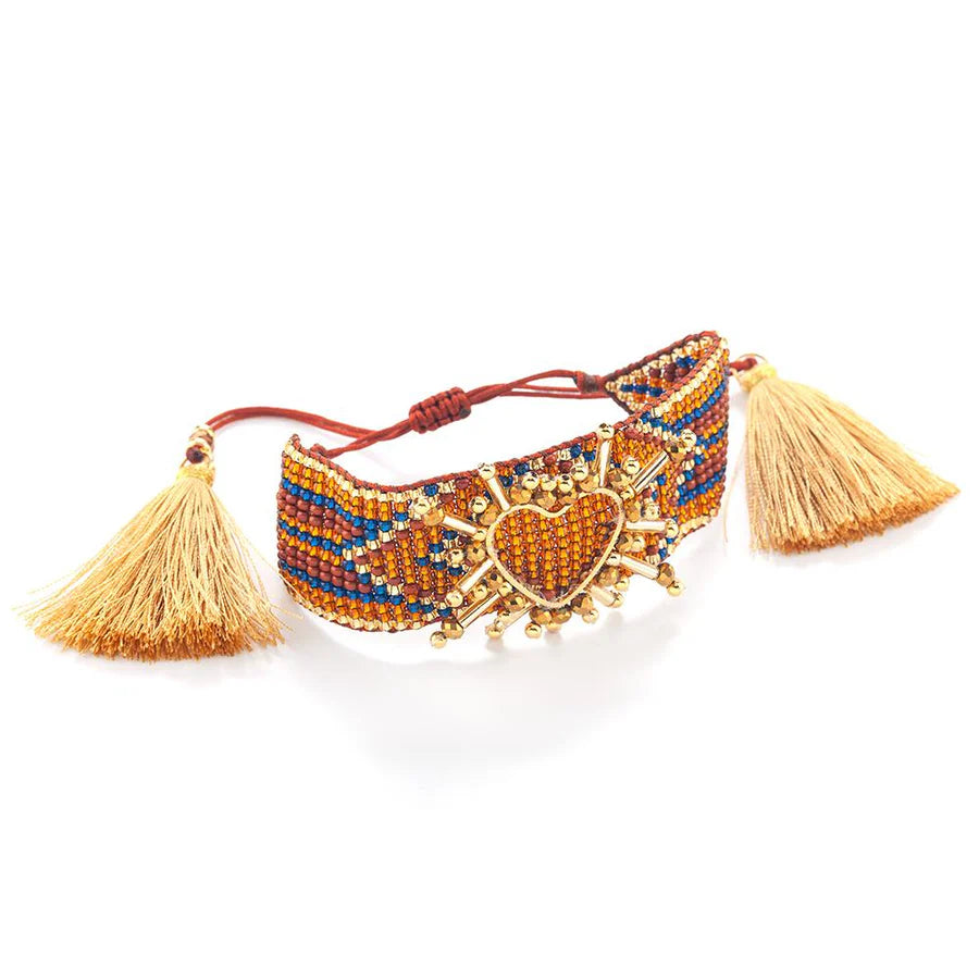 Bracelet "Cœur Solaire" en Perles Tissées et Pompons