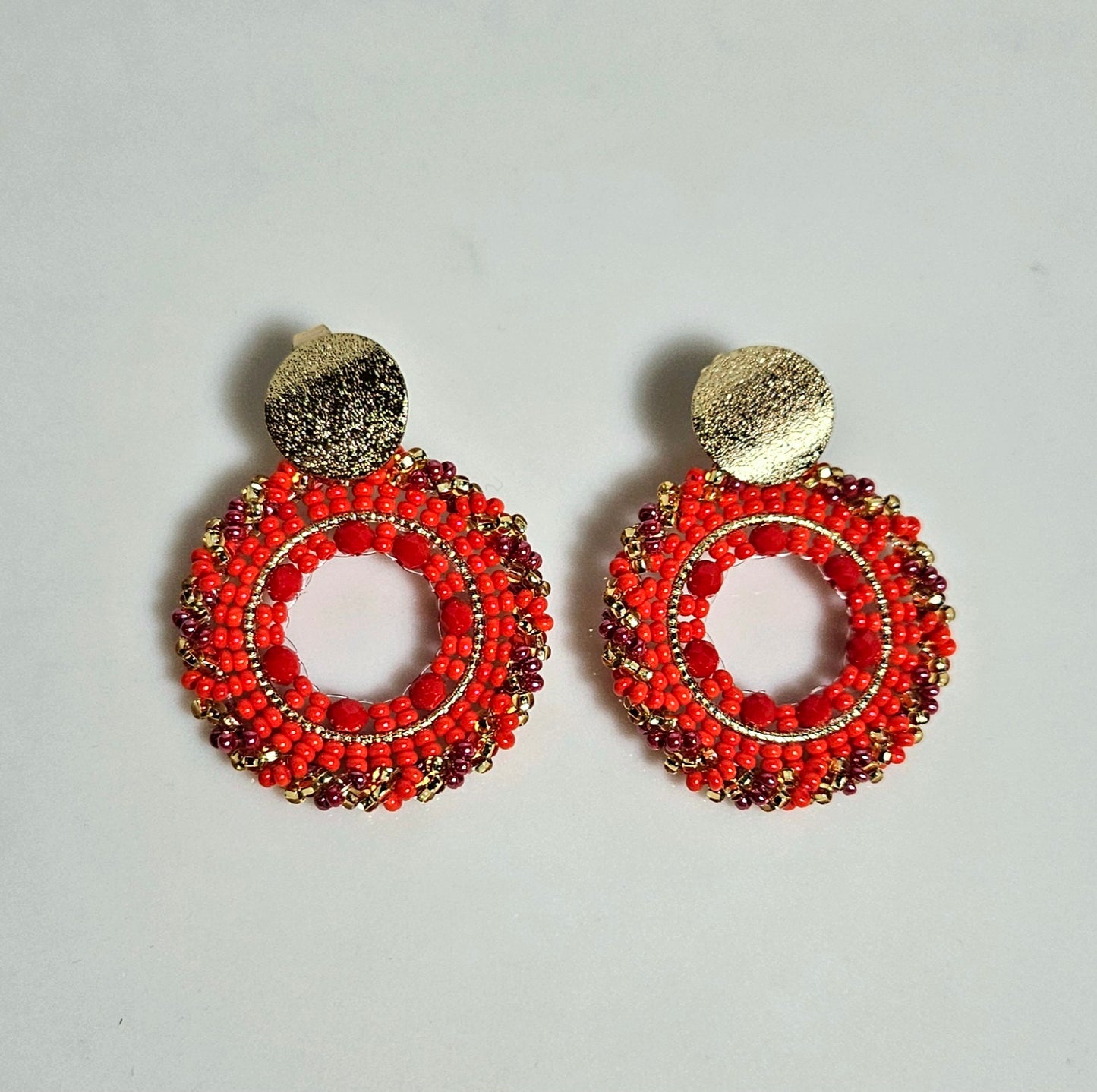 Créoles Soleil Rouge en Perles & Or - Pièce unique