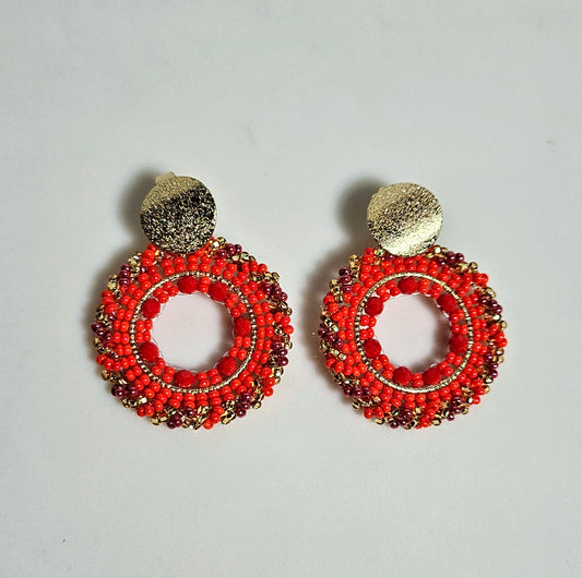 Créoles Soleil Rouge en Perles & Or - Pièce unique