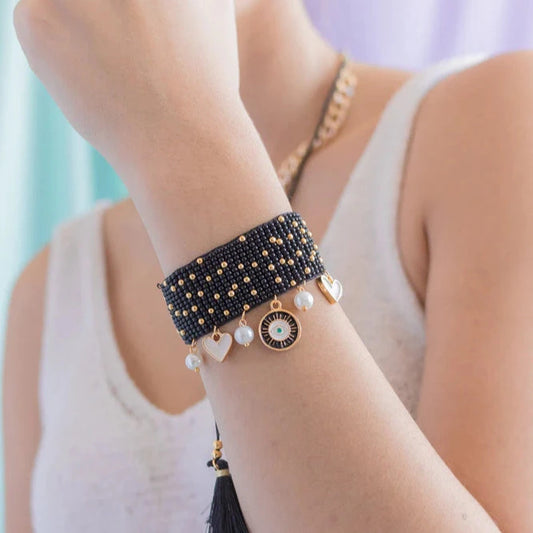 Bracelet "Œil Protecteur" Tissé Noir & Or